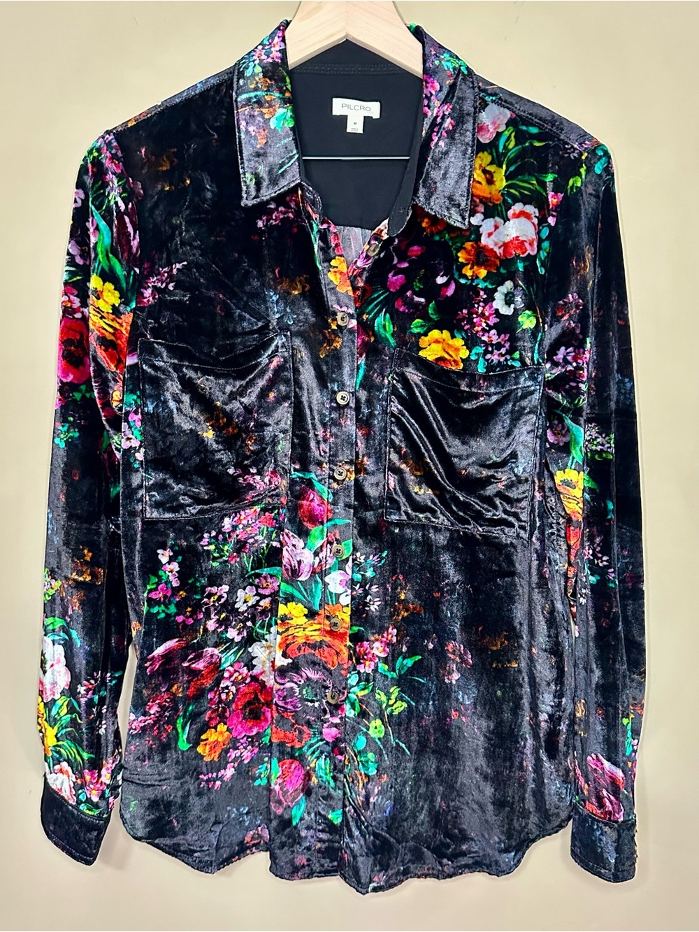 Pilcro Anthropologie Floral Velvet Button Down Shirt M